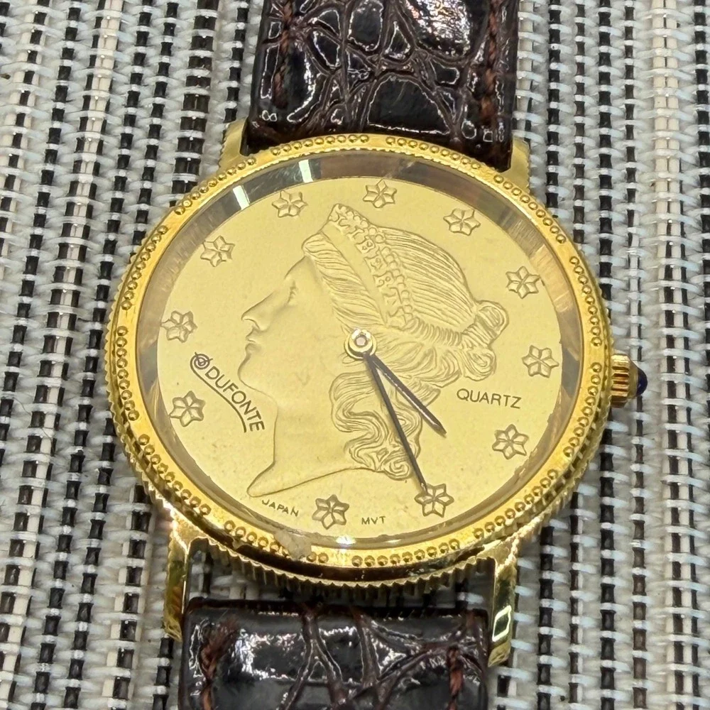 Dufonte Lucien Piccard Gold Tone Liberty Coin Dial Watch Brown Leather Strap